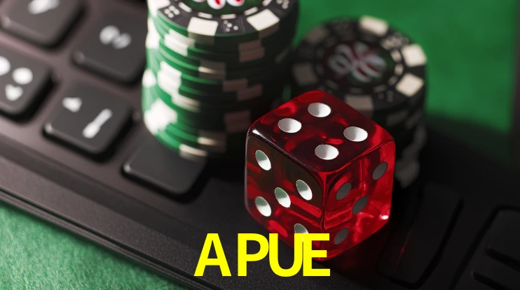 Una escena digital vívida inspirada en casino con APUE mostrado prominentemente, luces brillantes, fichas, cartas y acentos dorados.